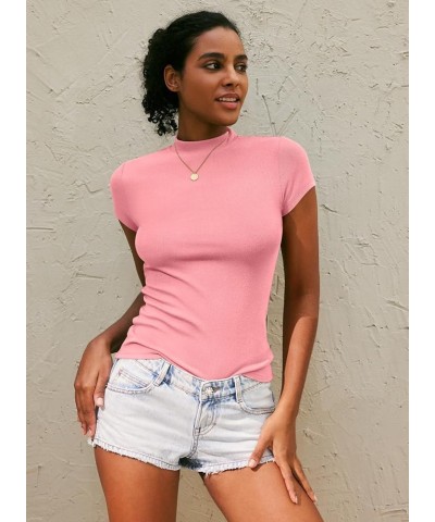 Women's 2024 Summer Short Sleeve Tops Mock Neck Cap Sleeve Ribbed Knit Slim Fit Casual Basic Tee T Shirts 04 Pink $12.74 T-Sh...