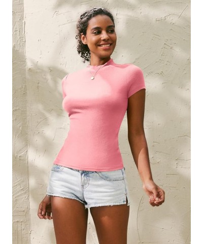 Women's 2024 Summer Short Sleeve Tops Mock Neck Cap Sleeve Ribbed Knit Slim Fit Casual Basic Tee T Shirts 04 Pink $12.74 T-Sh...