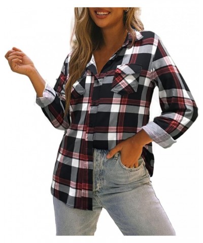 Womens Casual Cuffed Long Sleeve Boyfriend Button Down Plaid Flannel Shirt Tops B02-black Red $14.35 Blouses