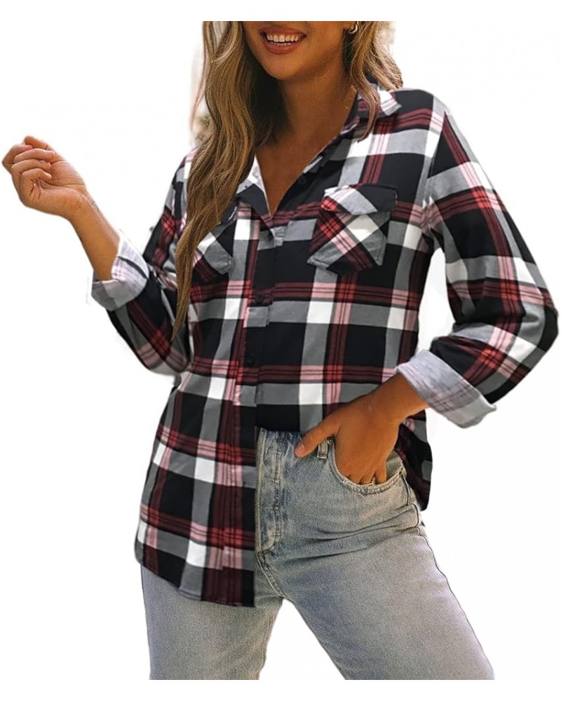 Womens Casual Cuffed Long Sleeve Boyfriend Button Down Plaid Flannel Shirt Tops B02-black Red $14.35 Blouses