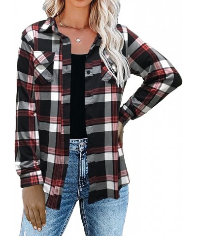 Womens Casual Cuffed Long Sleeve Boyfriend Button Down Plaid Flannel Shirt Tops B02-black Red $14.35 Blouses