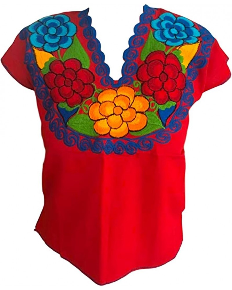 Floral Mexican Blouse - Embroidered - Authentic - Handmade - Cotton - Red $18.01 Blouses