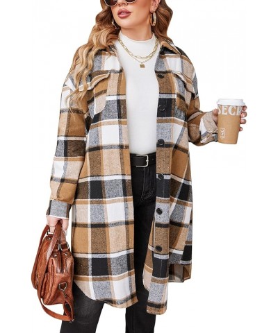 Womens Plus Size Flannel Plaid Shirts Long Sleeve Lounge Lapel Boyfriend Button Down Tartan Long Jacket Coats A-brown $23.03 ...