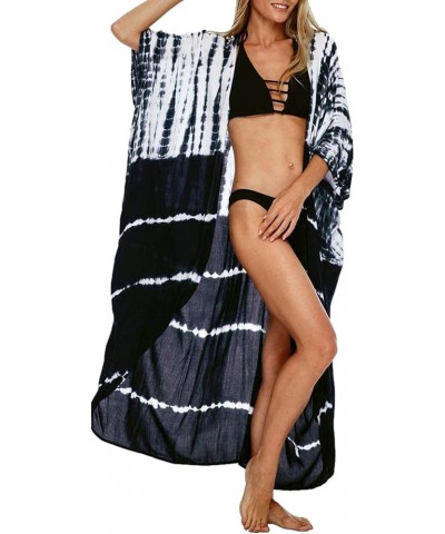 Women Long Beach Kimono Curve Hem Loose open front Bathing suit cover up A-navy&white $15.18 Others