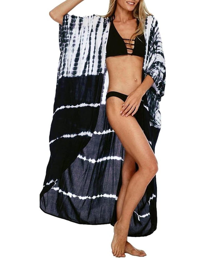 Women Long Beach Kimono Curve Hem Loose open front Bathing suit cover up A-navy&white $15.18 Others