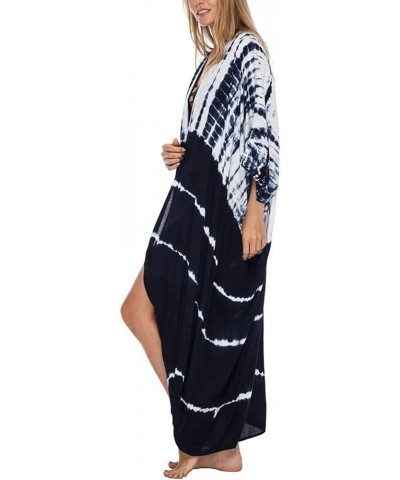 Women Long Beach Kimono Curve Hem Loose open front Bathing suit cover up A-navy&white $15.18 Others