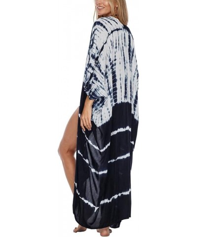 Women Long Beach Kimono Curve Hem Loose open front Bathing suit cover up A-navy&white $15.18 Others