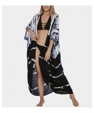 Women Long Beach Kimono Curve Hem Loose open front Bathing suit cover up A-navy&white $15.18 Others