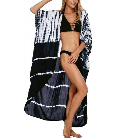 Women Long Beach Kimono Curve Hem Loose open front Bathing suit cover up A-navy&white $15.18 Others