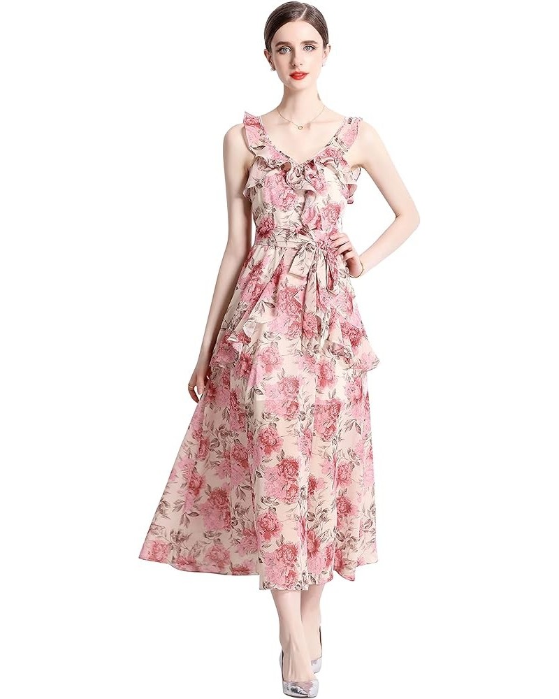 Women's Elegant Floral Print Sleeveless Round Neck Casual Party Dress 23033 Pink&floral $14.69 Dresses