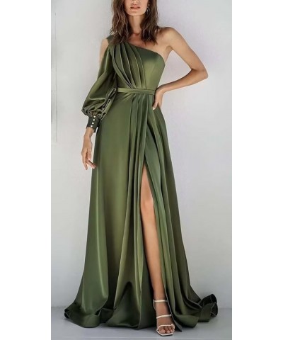 One Shoulder Satin Prom Dress Long Sleeve Pleated A Line Formal Evening Gowns with Slit White $34.30 Dresses