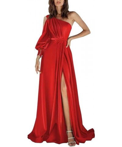 One Shoulder Satin Prom Dress Long Sleeve Pleated A Line Formal Evening Gowns with Slit White $34.30 Dresses