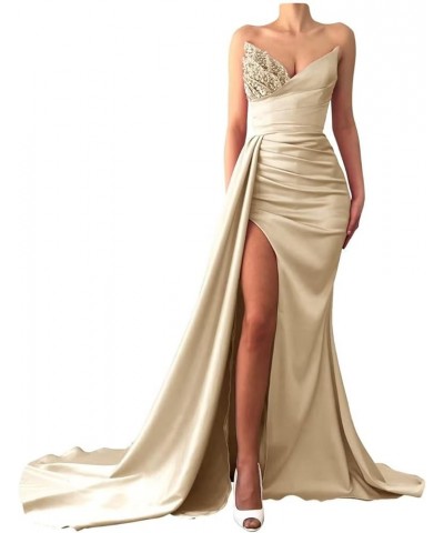 Prom Dresses for Women Mermaid Satin Beaded Evening Gowns with Sequins Champagne $28.40 Dresses