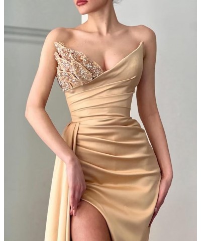 Prom Dresses for Women Mermaid Satin Beaded Evening Gowns with Sequins Champagne $28.40 Dresses