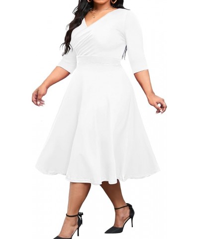 Women's Plus Size Midi Dress 3/4 Sleeve A-Line Swing Dress V Neck Flowy Casual Dresses White $25.51 Dresses