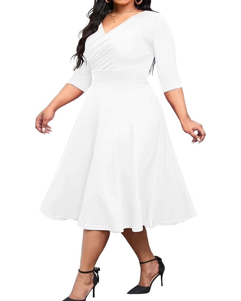 Women's Plus Size Midi Dress 3/4 Sleeve A-Line Swing Dress V Neck Flowy Casual Dresses White $25.51 Dresses