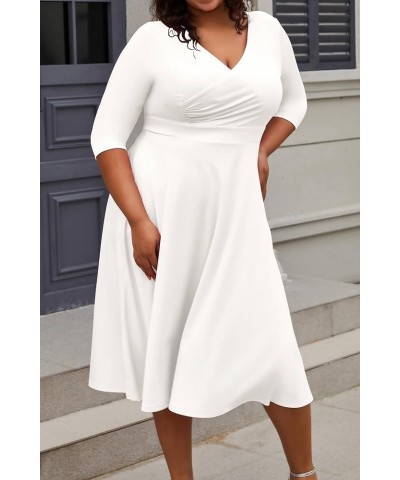 Women's Plus Size Midi Dress 3/4 Sleeve A-Line Swing Dress V Neck Flowy Casual Dresses White $25.51 Dresses