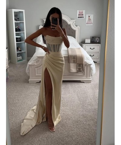 Corset Prom Dresses for Women Long Ball Gown Strapless Mermaid Satin Bridesmaid Dresses with Slit Champagne $35.09 Dresses