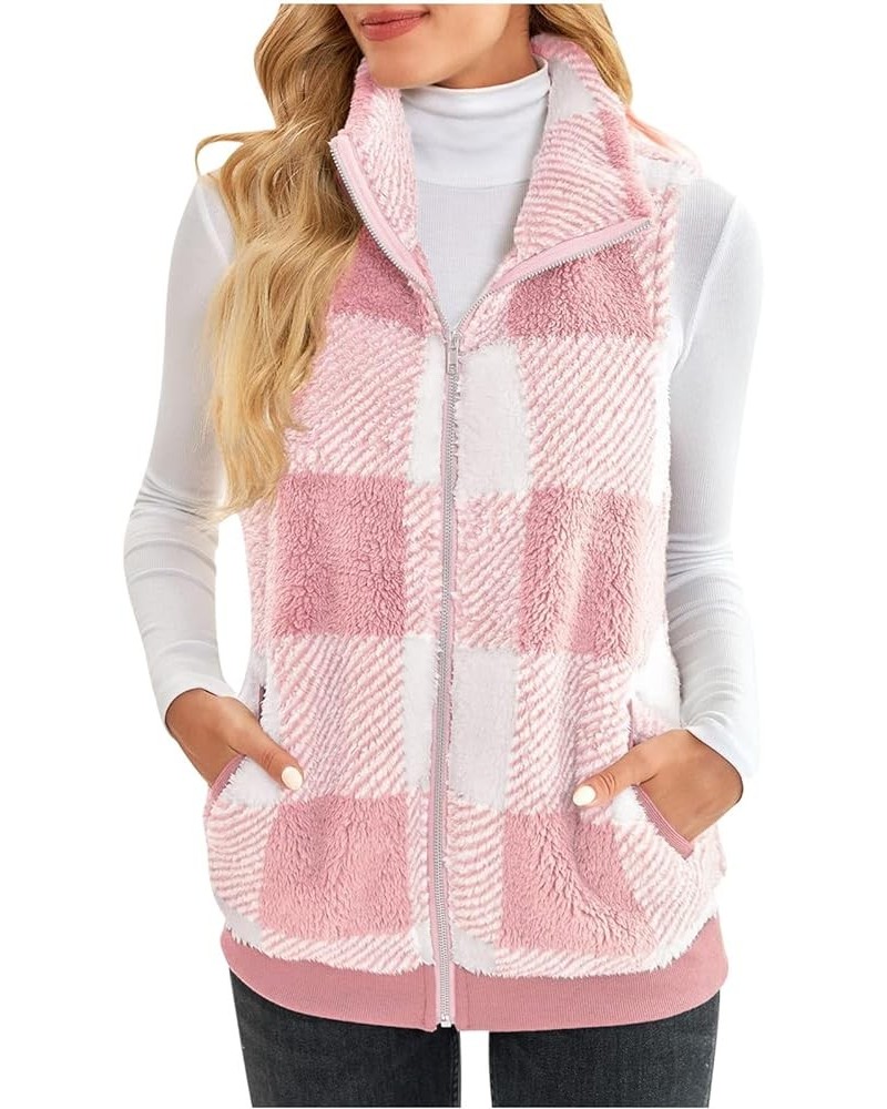 Women's Fleece Plaid Printed Vest Fall Winter Lounge Patchwork Plush Sleeveless Fluffy Outwear with Pocket Pink $16.27 Vests