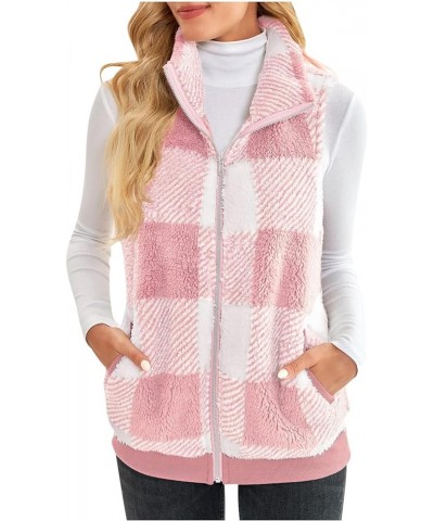 Women's Fleece Plaid Printed Vest Fall Winter Lounge Patchwork Plush Sleeveless Fluffy Outwear with Pocket Pink $16.27 Vests