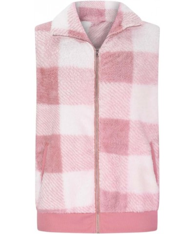 Women's Fleece Plaid Printed Vest Fall Winter Lounge Patchwork Plush Sleeveless Fluffy Outwear with Pocket Pink $16.27 Vests