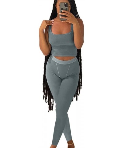 Casual Workout Sets Two Piece Outfits for Women Ribbed Crop Tank Top High Waist Yoga Leggings Active Wear Grey $10.00 Activewear