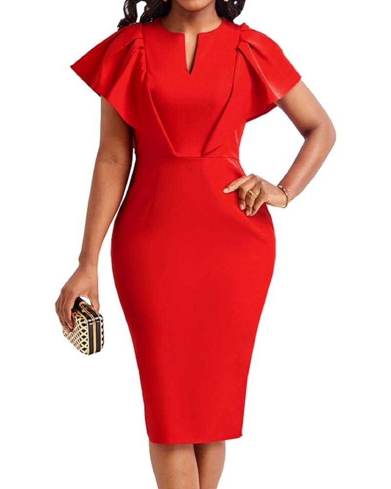 Women Church Dress Work Business Dresses Bodycon Sleeve Round Neck Pencil Dresses D-red $19.37 Dresses