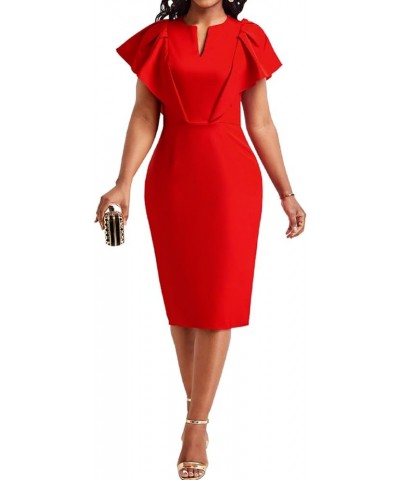 Women Church Dress Work Business Dresses Bodycon Sleeve Round Neck Pencil Dresses D-red $19.37 Dresses