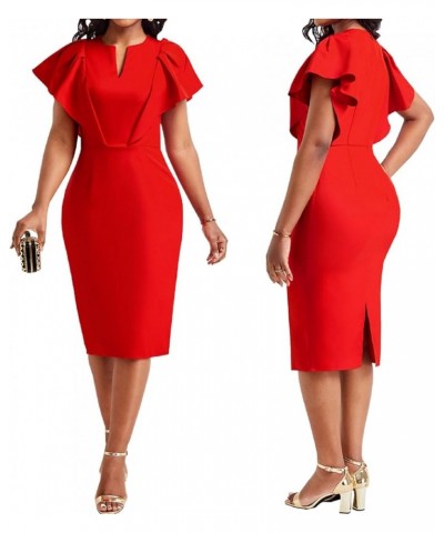 Women Church Dress Work Business Dresses Bodycon Sleeve Round Neck Pencil Dresses D-red $19.37 Dresses