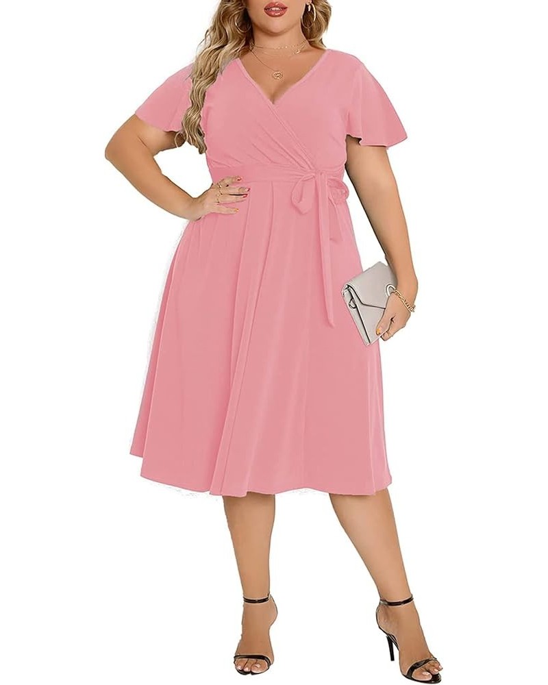 Women's Plus Size Flutter Sleeve Dress Deep V Neck A-Line Swing Midi Dresses Pink $19.32 Dresses