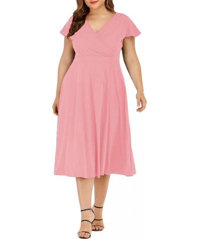 Women's Plus Size Flutter Sleeve Dress Deep V Neck A-Line Swing Midi Dresses Pink $19.32 Dresses