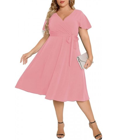 Women's Plus Size Flutter Sleeve Dress Deep V Neck A-Line Swing Midi Dresses Pink $19.32 Dresses