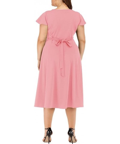 Women's Plus Size Flutter Sleeve Dress Deep V Neck A-Line Swing Midi Dresses Pink $19.32 Dresses