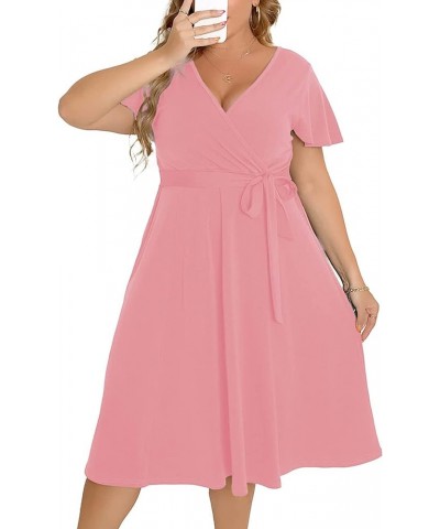 Women's Plus Size Flutter Sleeve Dress Deep V Neck A-Line Swing Midi Dresses Pink $19.32 Dresses