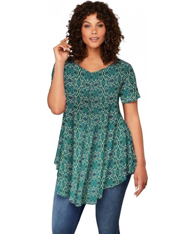 Women's Plus Size Swing Ultra Femme Tunic Short Sleeve V-Neck Shirt Green Flower Medallion $15.59 Tops