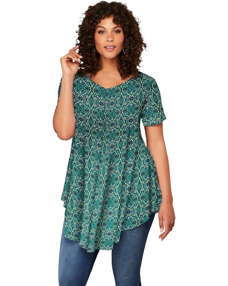 Women's Plus Size Swing Ultra Femme Tunic Short Sleeve V-Neck Shirt Green Flower Medallion $15.59 Tops