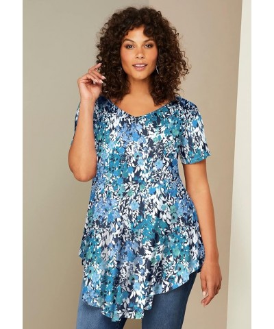 Women's Plus Size Swing Ultra Femme Tunic Short Sleeve V-Neck Shirt Green Flower Medallion $15.59 Tops