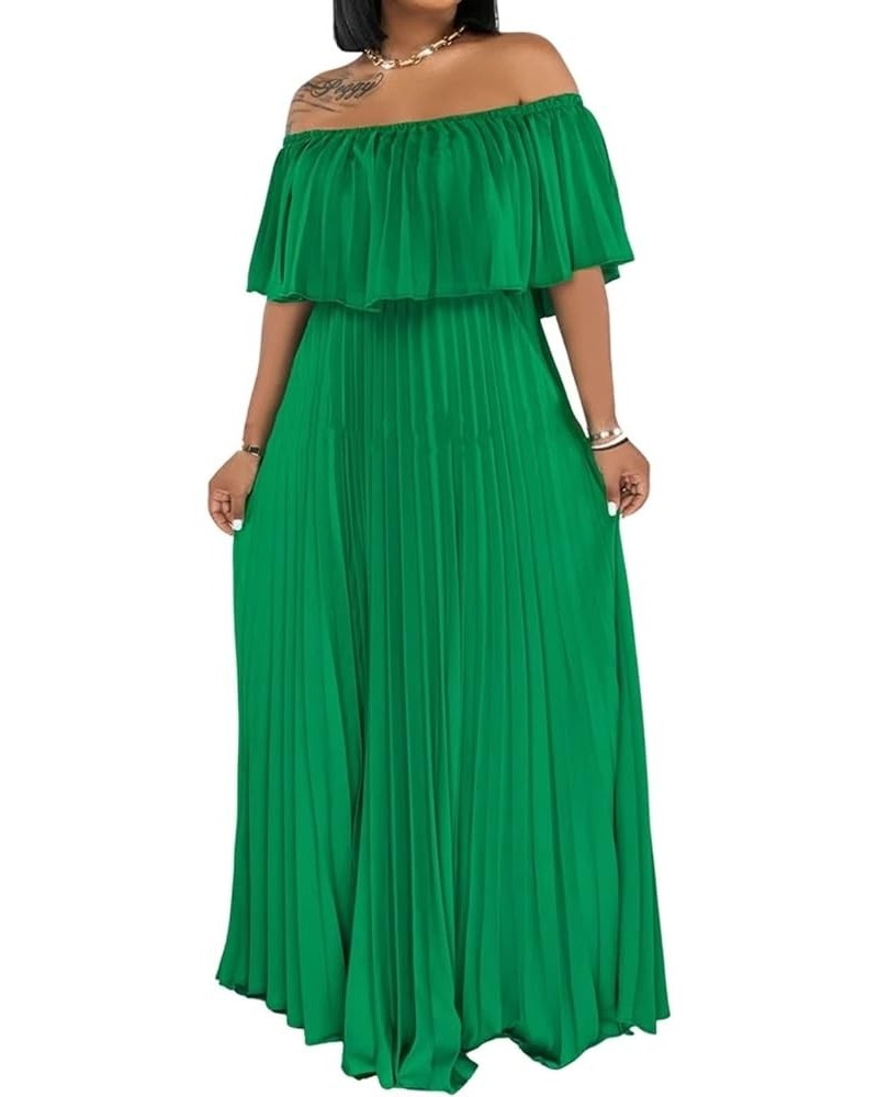 Womens Sexy Chiffon Sundress Off Shoulder Ombre Tie Dye Pleated Skirts Long Boho Beach Maxi Dress Solid Green $18.90 Dresses