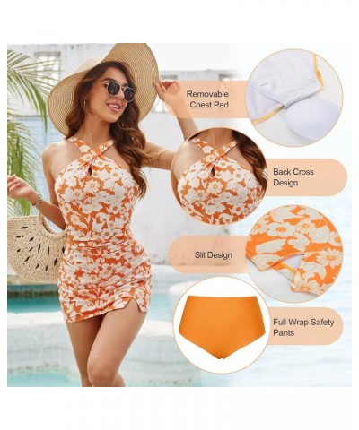 Tankini Swimsuits for Women Tummy Control Ruched Bathing Suits Sexy Cross Halterneck Print Skirt Swimwear Orange $18.33 Swims...