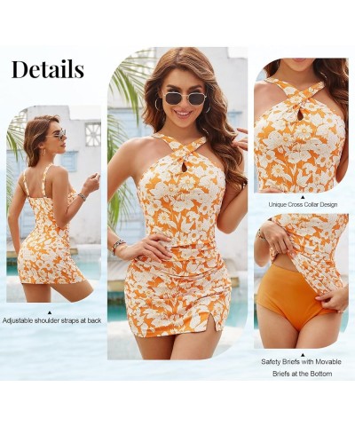 Tankini Swimsuits for Women Tummy Control Ruched Bathing Suits Sexy Cross Halterneck Print Skirt Swimwear Orange $18.33 Swims...