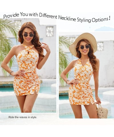 Tankini Swimsuits for Women Tummy Control Ruched Bathing Suits Sexy Cross Halterneck Print Skirt Swimwear Orange $18.33 Swims...