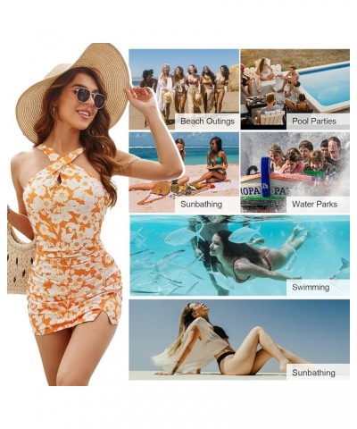 Tankini Swimsuits for Women Tummy Control Ruched Bathing Suits Sexy Cross Halterneck Print Skirt Swimwear Orange $18.33 Swims...