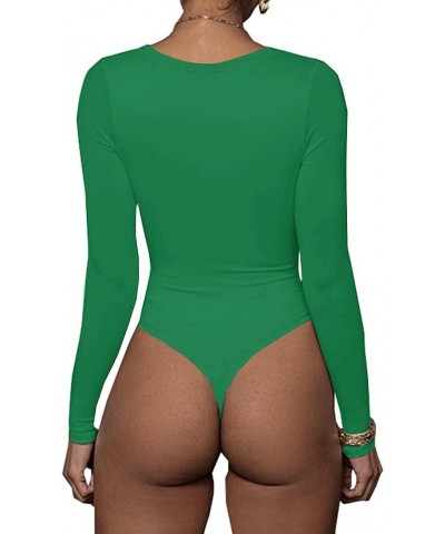 Women's V Neck Long Sleeve Basic Top Bodysuit Leotard Green $15.59 Lingerie