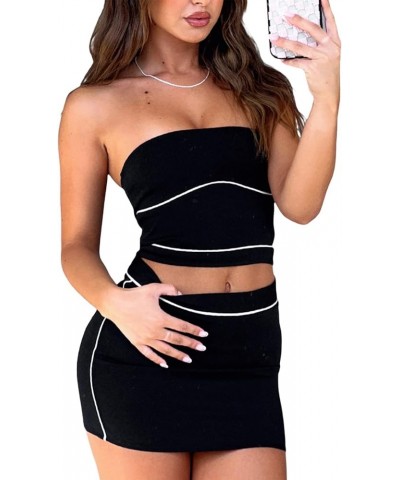 Women 2 Piece Skirt Sets Outfit Slim Crop Tube Top Sleeveless Shirt High Waist Bodycon Mini Skirt 2Pcs Skirt Set 14-black $10...