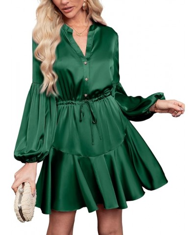 Women's Satin Long Lantern Sleeve Ruffle V Neck Mini Dress Party Wedding Guest Cocktail Dress Emerald Green $21.31 Dresses