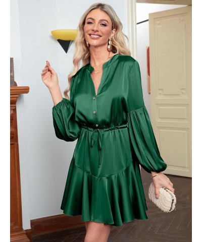 Women's Satin Long Lantern Sleeve Ruffle V Neck Mini Dress Party Wedding Guest Cocktail Dress Emerald Green $21.31 Dresses