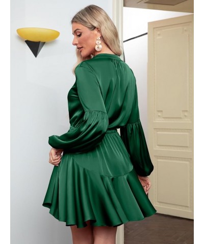 Women's Satin Long Lantern Sleeve Ruffle V Neck Mini Dress Party Wedding Guest Cocktail Dress Emerald Green $21.31 Dresses