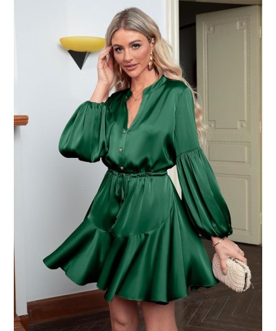 Women's Satin Long Lantern Sleeve Ruffle V Neck Mini Dress Party Wedding Guest Cocktail Dress Emerald Green $21.31 Dresses