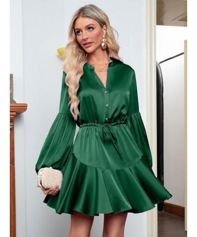 Women's Satin Long Lantern Sleeve Ruffle V Neck Mini Dress Party Wedding Guest Cocktail Dress Emerald Green $21.31 Dresses