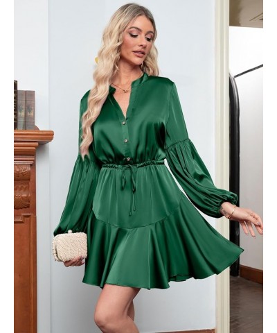 Women's Satin Long Lantern Sleeve Ruffle V Neck Mini Dress Party Wedding Guest Cocktail Dress Emerald Green $21.31 Dresses